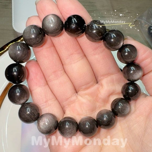 Handmade Jewelry - Silver Obsidian Bracelet 12mm